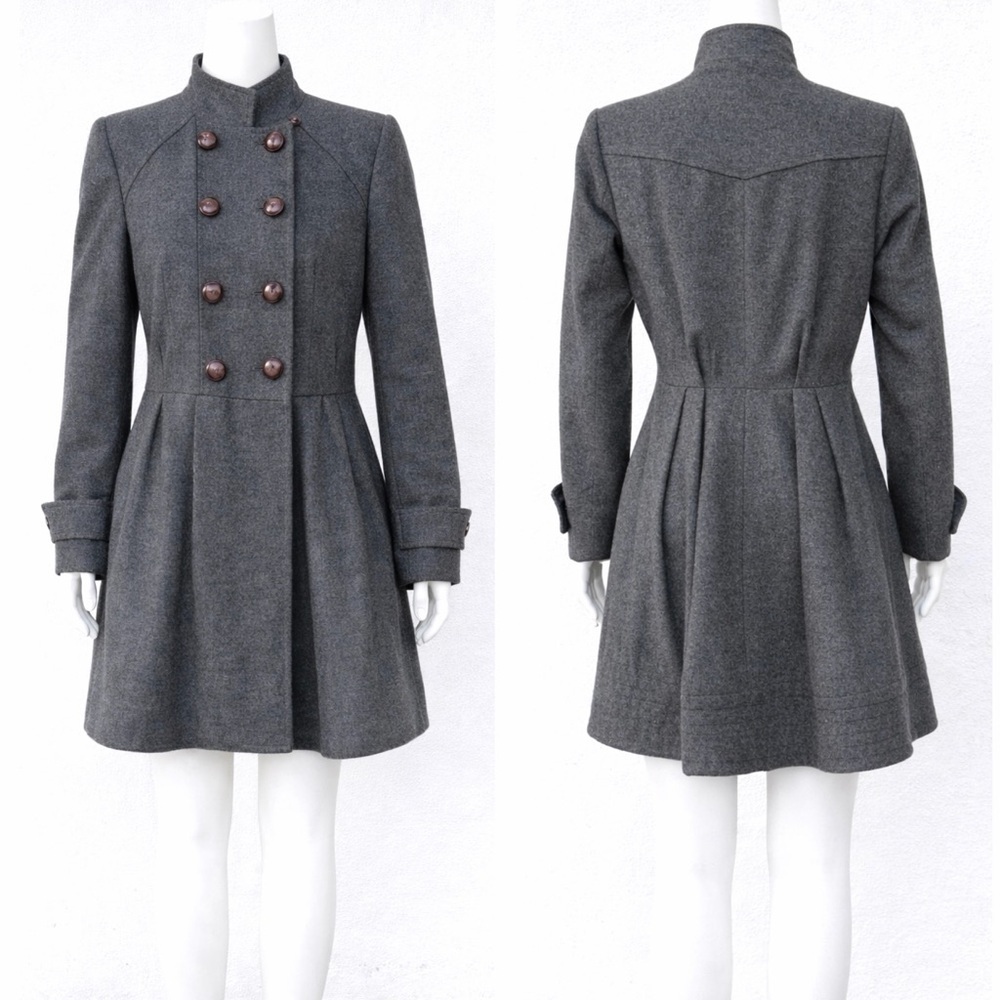 McGinn Wool Double Breasted Army Style Fitted A-line Swing Peacoat Wool Coat